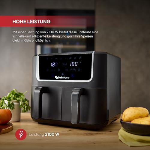 Z SwissHome DARK frytkownica powietrzna 2100 W, 2 garnki 3 l, 8 funkcj - obrazek 6