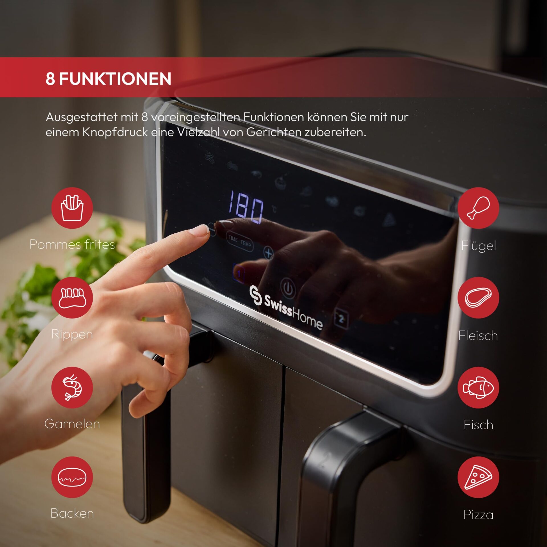 Z SwissHome DARK frytkownica powietrzna 2100 W, 2 garnki 3 l, 8 funkcj - obrazek 4