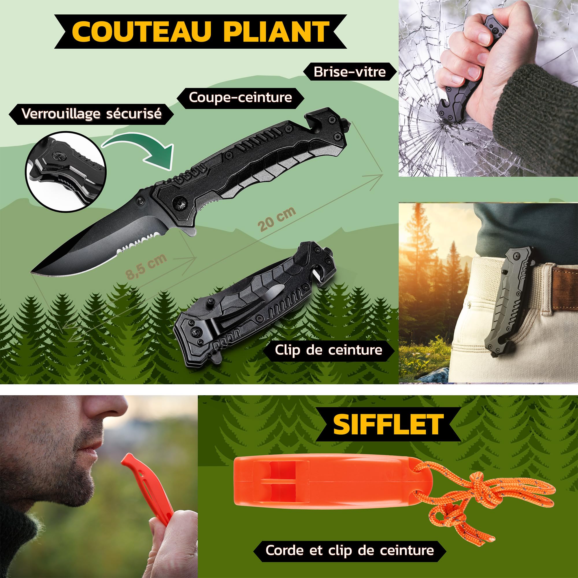 Zestaw Survivalowy do Turystyki Pieszej: Latarka, Nóż, Kompas, Gwizdek - obrazek 7