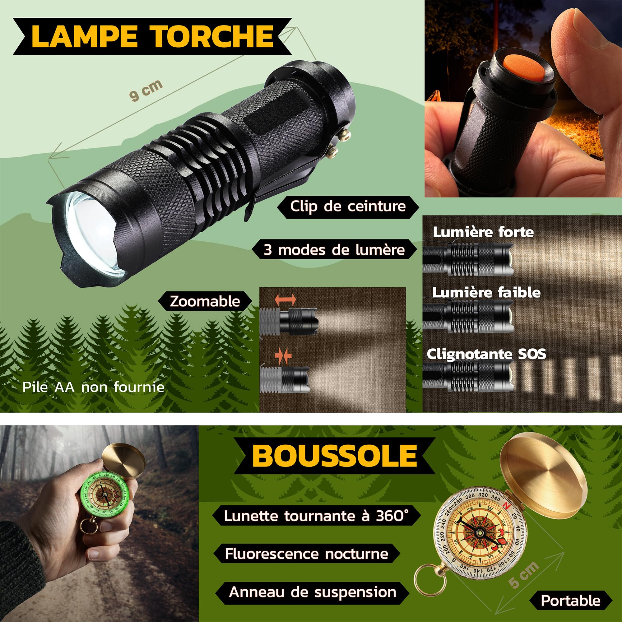 Zestaw Survivalowy do Turystyki Pieszej: Latarka, Nóż, Kompas, Gwizdek - obrazek 6