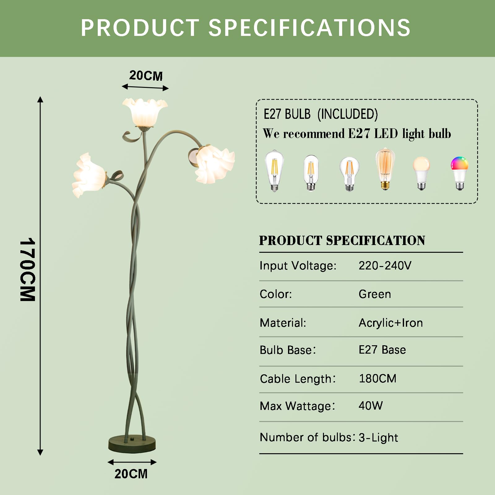 Zielona lampa stojąca do salonu, europejska żelazna lampa stojąca "zró - obrazek 9