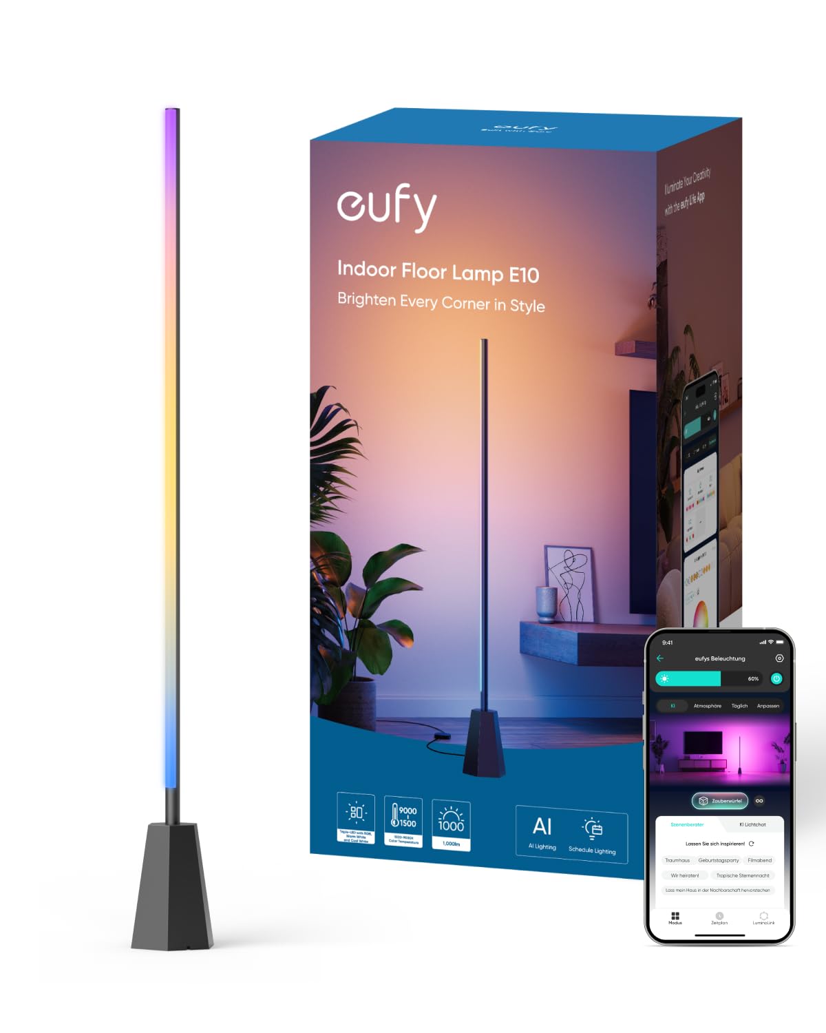 eufy E10 room floor lamp RGBWW LED smart floor lamp for living room and bedroom 16 million colors 1700 lumens compatible with Alexa & Google endless AI light themes app control music mode