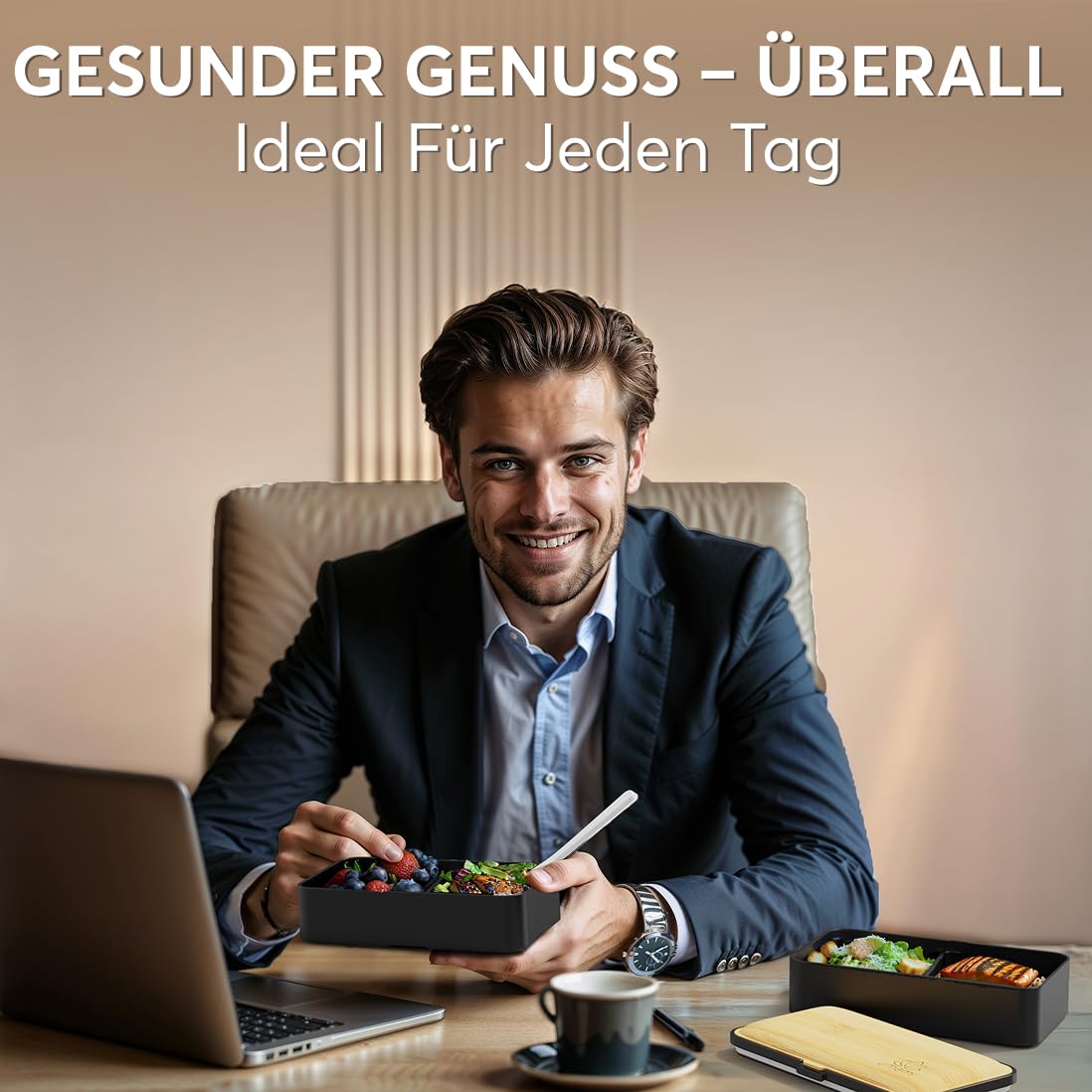 Umami Bento Pudełko na Lunch, 2 Garnki na Sos & Sztućce w Zestawie, Be - obrazek 3