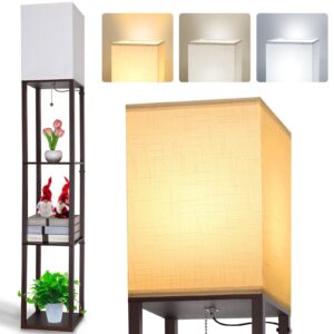 Lampa stojąca LED z drewna, brązowa lampa stojąca z regałem, lampa sto